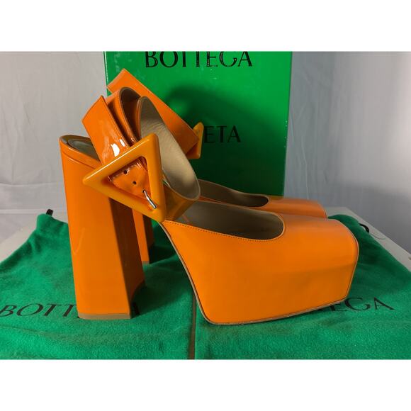 Bottega Veneta Tower Orange Leather Square Toe Ankle Strap Pumps Size 9.5 - Picture 3 of 6